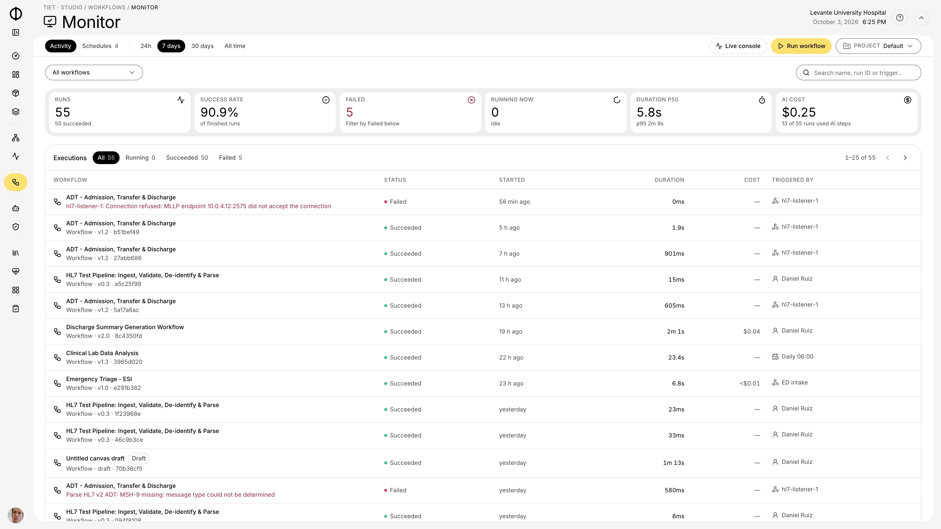 Tiet · Studio run monitor with recent executions and their status