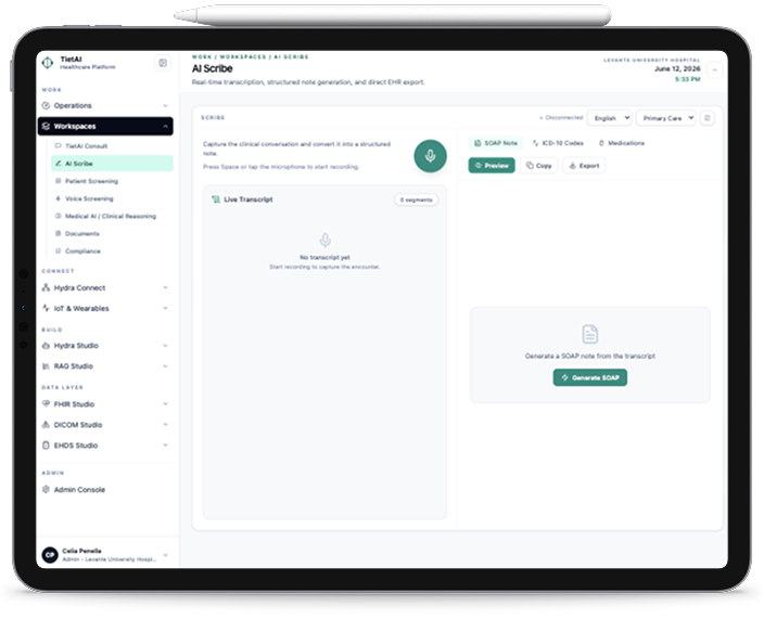 TietAI Scribe interface for Docline telemedicine consultations