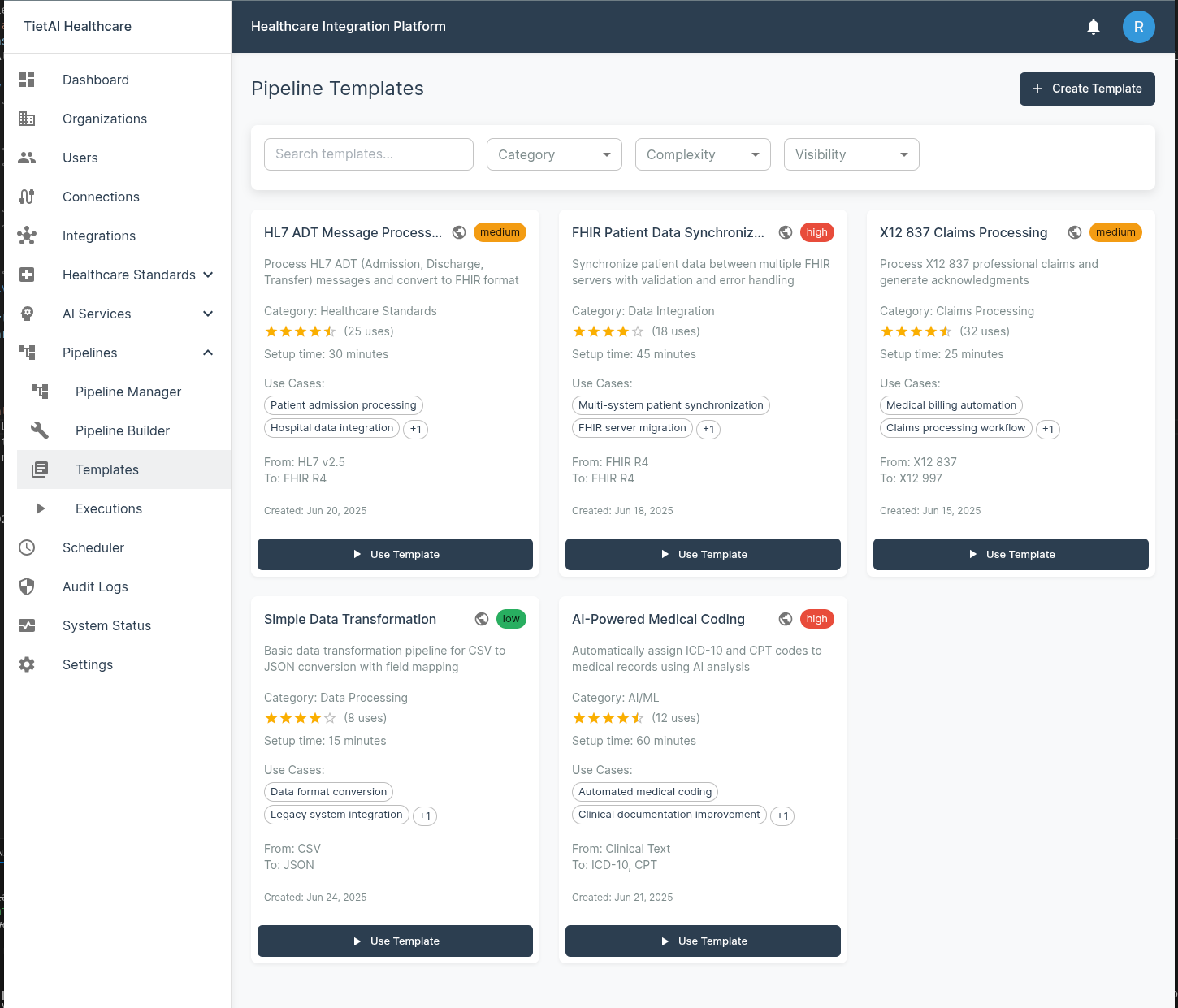 TietAI Pipeline Templates - HL7 Processing, FHIR Synchronization, X12 Claims, AI Medical Coding, and Data Transformation templates