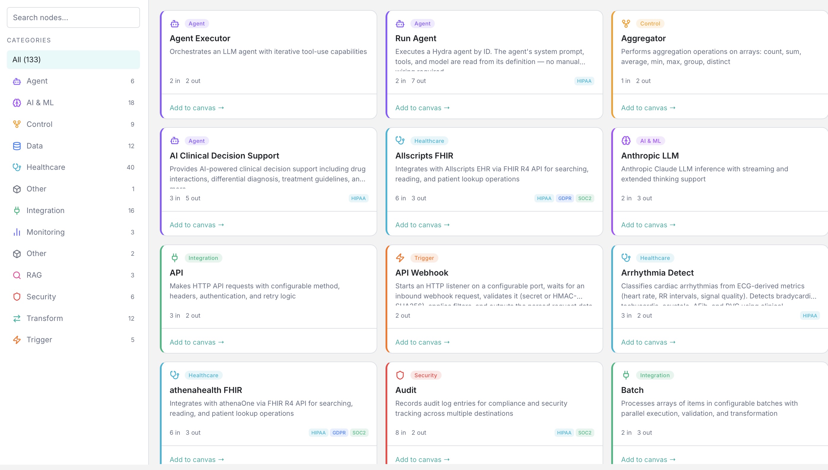 Healthcare AI component catalog and workflow integration overview