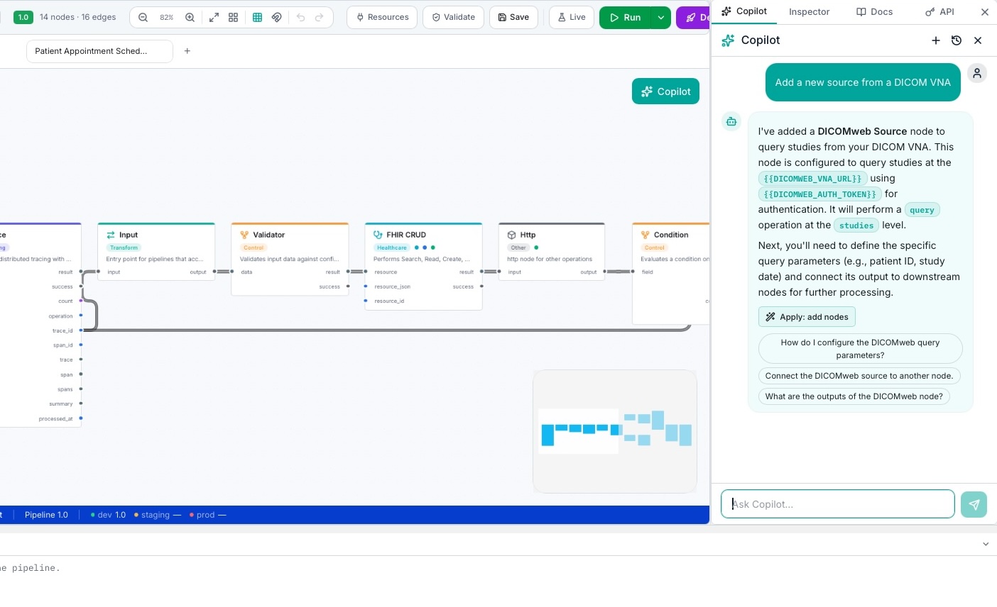 Agentic Studio copilot adding a new workflow node through a no-code interface