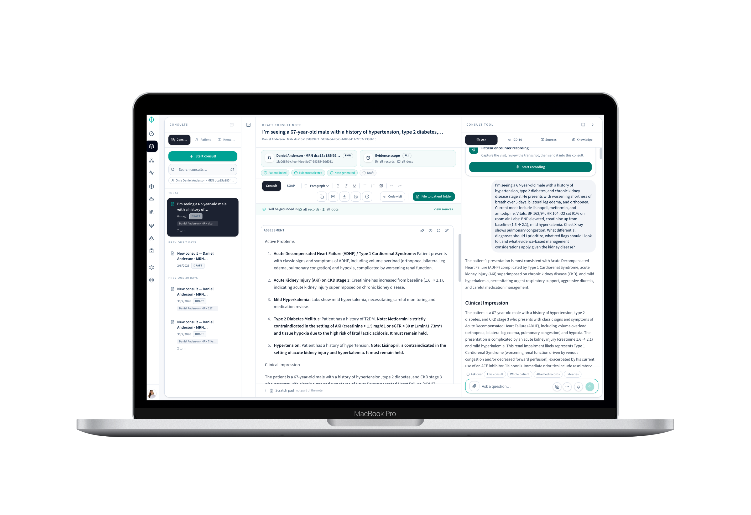 Interface produit TietAI Consult affichée sur des écrans d'ordinateur portable et de tablette